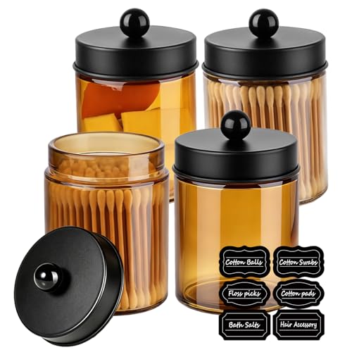 Amolliar 4 Pack Apothecary Jars Bathroom Vanity Storage Organizer Set -Countertop Canister with Stainless Steel Lids &Stickers Qtip Dispenser Holder for Cotton Swab (Amber-black Lid) - color: Amber-Black Lid P1