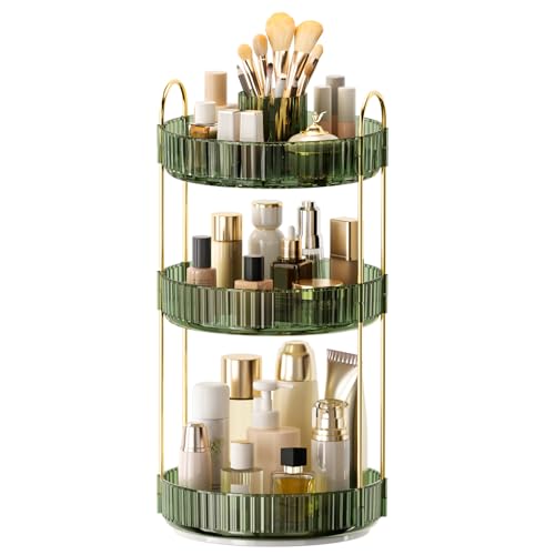 360° Rotating Makeup Organizer, Upgraded 3 Tier Skincare Perfume Organizers for Women, Bathroom Organizer Countertop, Clear Cosmetic Dresser Organizer with Makeup Brush Holder, Sink&Counter (Green) - color: Green, size: 3 Tier