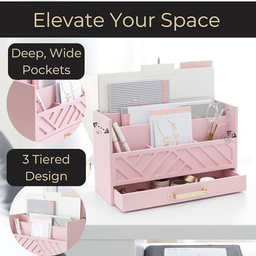 BLU MONACO | Pink Desk Organizers Wooden Mail Organizer with Drawer | Mail Sorter Organizer Countertop Gold Handle | Desk Organizers and Accessories Pink Office Storage - color: Pink