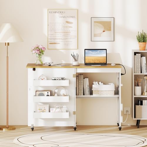 Giantex Folding Sewing Table with Charging Station, Rolling Craft Table with Storage Trays & Shelf, Foldable Sewing Machine Cabinet Desk with Lockable Wheels for Small Spaces (White & Natural) - color: White & Natural