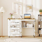 Giantex Folding Sewing Table with Charging Station, Rolling Craft Table with Storage Trays & Shelf, Foldable Sewing Machine Cabinet Desk with Lockable Wheels for Small Spaces (White & Natural) - color: White & Natural