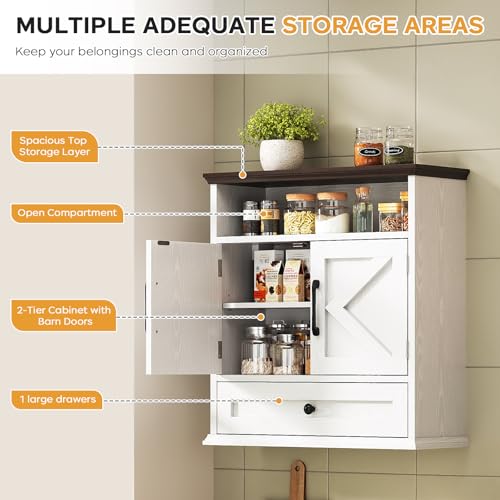 Bathroom Wall Cabinet, Wall Mounted Medicine Cabinet with Drawer, Barn Doors & Adjustable Shelf, 24.4"H x 23.6"W x 9"D White Over Toilet Farmhouse Storage Cabinet for Kitchen, Laundry Room, Entryway - color: White, size: 24.4"H x 23.6"W x 9"D