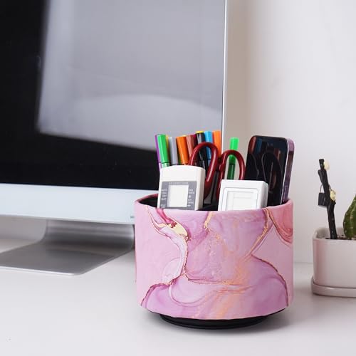 Round Leather Art Supply Organizer,Remote Control Holder,360-degree Rotating Pen Organizer with 4 Compartments(1-Pink Splash Ink) - color: 1-Pink Splash Ink
