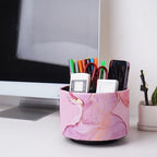 Round Leather Art Supply Organizer,Remote Control Holder,360-degree Rotating Pen Organizer with 4 Compartments(1-Pink Splash Ink) - color: 1-Pink Splash Ink