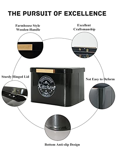 Dishwasher Pod Container with Hinged Lid. Farmhouse Metal Dishwaser Pods Holder for Kitchen Cabinet Organizer. Modern Kitchen Decor and Accessories. Dishwasher Detergent Tablet Storage (Black) - color: Black