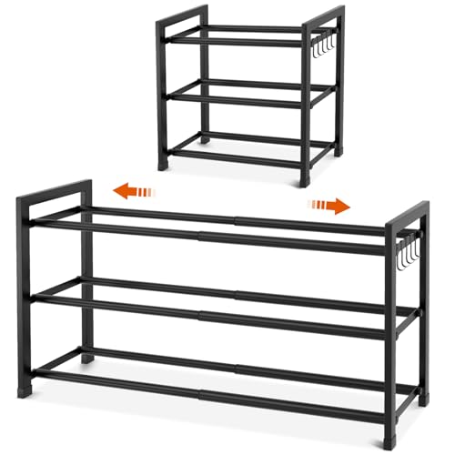 Expandable Shoe Rack for Small Spaces, Adjustable Width 18.5"–33", 3-Tier Sturdy Metal Shoe Organizer for Entryway, Closet, Bedroom Garage Dorm, Free Standing Shoe Organizer 12 Pairs with Hooks, Black - color: Black
