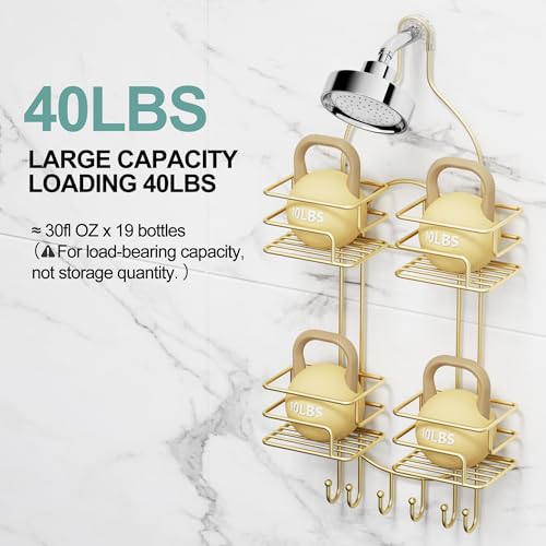 SRIWATANA Shower Caddy Hanging, Bathroom Organizer, No Drilling Shelves Over Shower Head, Bath Rack Holder with Hooks for Razors and Sponge - Gold - color: Gold