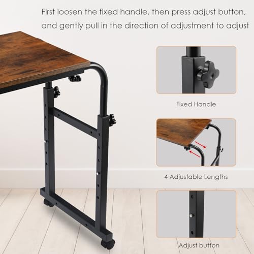 Arlopu Overbed Table with Wheels,60.6-84.2 inches Mobile Bed Desk,Rolling Computer Desk, Laptop Cart,W/0-65°Tilt Stand,4 Heights and 6 Lengths,Side Storage Basket,for Home,Office and Hospital (Brown) - color: Brown