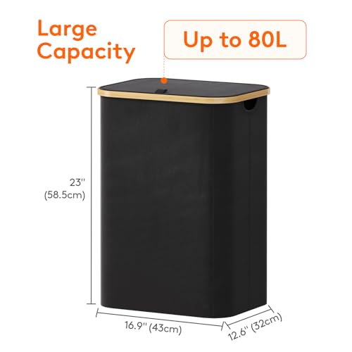 Lifewit 80L Laundry Basket with Lid, Clothes Hampers for Laundry with Bamboo Handles and 1 Removable Bag, Large Foldable Laundry Hamper for Bedroom, Bathroom, Dorm, Laundry Room, Black - color: Black, size: 80L