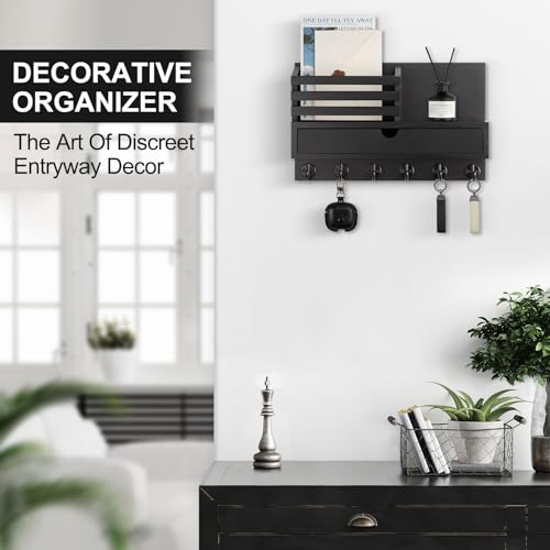 Key Holder Wall Mount, Mail Holder with Storage Drawer and 6 Key Hooks for Coat, Dog Leash, Home Decor Rack, House Accessories, Entry Way Organizer - color: Black, size: Large - 13.8 Inch