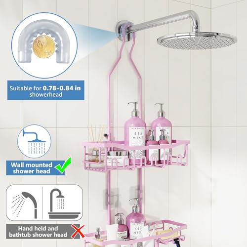Shower Caddy, Upgraded Extended Length Shower Caddy Over Showerhead No Blocking to Shower Head, Rustproof Shower Organizer with Hooks Shampoo Soap Holder, Bathroom Large Hanging Shower Caddy - color: Pink - 2 Tier - Standard