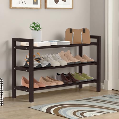 Haddockway Bamboo Shoe Rack for Closet, Free Standing Shoe Organizer with Smooth Round Rods & Convenient Handles, Stackable Shoe Storage Shelf for Entryway, Hallway(Brown, 3-Tier) - color: Brown, size: 3-Tier_Standard