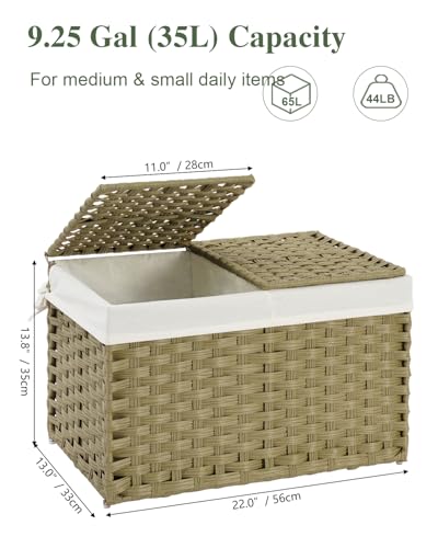 SETVSON Storage Basket with Lid Rattan Woven Storage Baskets with 2 Separate Lids, 17.2 Gallon (65 L), Wicker Storage Bins Foldable, 2 Removable Liner Bags Handles for Bedroom, Laundry Room Green - color: Green, size: 65L-22L*13W*13.8H