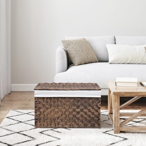 Wicker Storage Basket with Lid, 42.3 Gallon (160L) Large Blanket Basket with Lid, Woven Storage Bin with Handles, Removable Liner, Metal Frame, Foldable, for Bedroom, Laundry Room, Brown - color: Brown, size: 160L:17.7 x 29.9 x 18.1 Inches