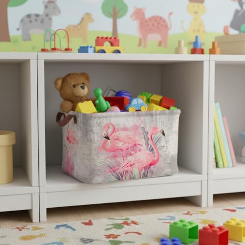 Flamingo Storage Basket Waterproof Canvas Toy Storage Bin Home Flamingo Decor Collapsible Outdoor Basket with Leather Handles Flamingos Gifts Blanket Baskets For Closets,Bedrooms,Bathroom - color: Flamingo