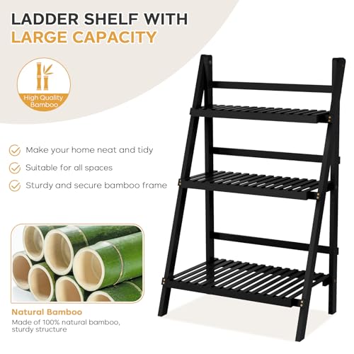 oakvivo 39.4" Foldable Plant Shelf Ladder Shelf, 3 Tier Bamboo Ladder Flower Pot Display Shelf, Freestanding Ladder Bookshelf for Garden, Balcony, Yard, Living Room, 23.6" W x 15" D x 39.4" H, Black - color: 3-Tier Black
