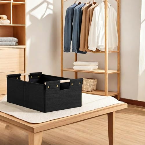 2PCS Storage Bins Cotton Linen Fabric Storage Boxes Basket with Wooden Handles Foldable Washable Decorative Shelf Container Closet Clothes Organizer Home Laundry (Small Size, Black) - color: Black, size: Small (Pack of 2)