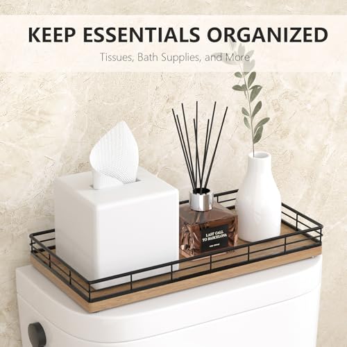 Toilet Paper Basket Organizer – Acacia Wood Toilet Tank Tray with Metal Frame, Bathroom Counter Top Storage for Toilet Paper, Wipes & Decor, Modern Narrow Back of Tank Shelf Organizer, Black & Acacia - color: Black & Acacia, size: 13" x 6.5" x 2"