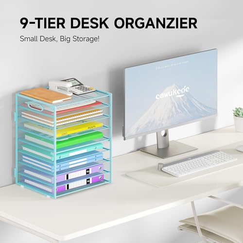 Cawukege 9 Tier Paper Organizer with Handle, Large Capacity Desk Organizer Mesh File Folder Letter Paper Tray Desktop Document Sorter for Classroom, School, and Office Accessories Organization- Blue - color: 1 Pack - Blue