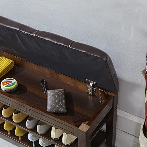 LEILISI Shoe Bench, Storage Rack Organizer with Cushion 2 Tier Lift Top Shoe Rack for Entryway Living Room Bedroom Hallway Wooden Furniture (Brown, 31.5'') - color: Brown, size: 31.5