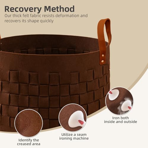 BOLDMONKEY Laundry Basket 20" x20 " x11.8 ", Large Felt Fabric Blanket Basket with Leather Handle, Dirt Clothes Laundry Hamper Round for Babies, Dogs and Living Room-Brown - color: Wood Brown
