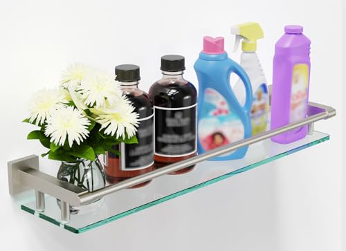 Glass Shelf for Bathroom Wall Sheves 24 inch Rectangular Stainless Steel Tempered Glass Modern Stainless Steel Wall Mount Accessories Organizers Storage (Brushed Nickel, 24‘’) - color: Brushed Nickel, size: 24'' with Railing