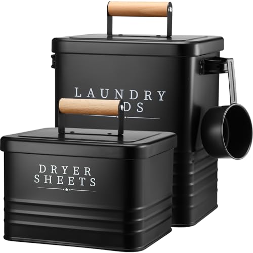 Yaocom 2 Pcs Laundry Pod Container with Dryer Sheet Holder Farmhouse Laundry Room Decor Organization and Storage Detergent Container Box with Lid Handle Metal Dryer Sheet Dispenser(Black) - color: Black
