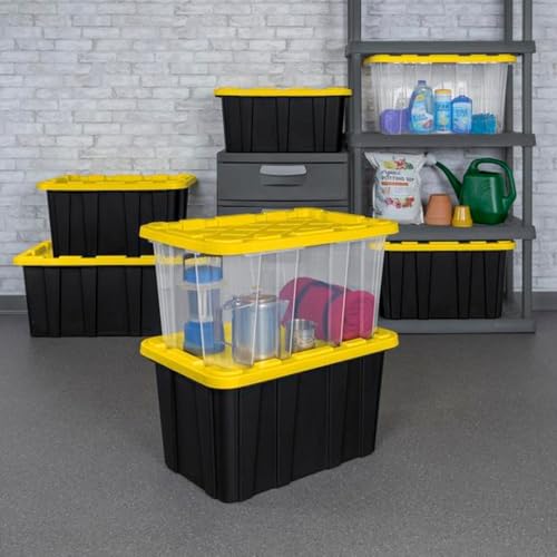 Sterilite 4-Pack 27 Gallon Industrial Storage Tote, Heavy-Duty Plastic Bins, Black/Yellow - Stackable Utility Organizers with Lids for Garage, Camping Tools, and Outdoor Gear - size: 27 Gallon - Black/Yellow