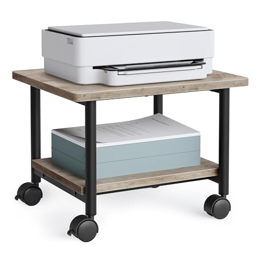 VASAGLE Printer Stand with Locking Wheels, Industrial Mobile Cart, Under Desk Printer Table for Home Office, 18.9 x 15.7 x 13.4 Inches, Storage Shelf, 2-Tier, Heather Greige and Ink Black - color: Heather Greige + Black, size: 2 Tiers/Compact