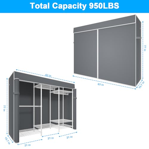 Ulif E13C Heavy Duty Closet Organizer System，Freestanding Clothing Racks for Hanging Clothes，Adjustable Garment Rack 63" W x 16" D x 77" H Hold 960 lbs，White Clothing Rack with Grey Dustproof Cover - color: White Rack with Grey Cover, size: E13C