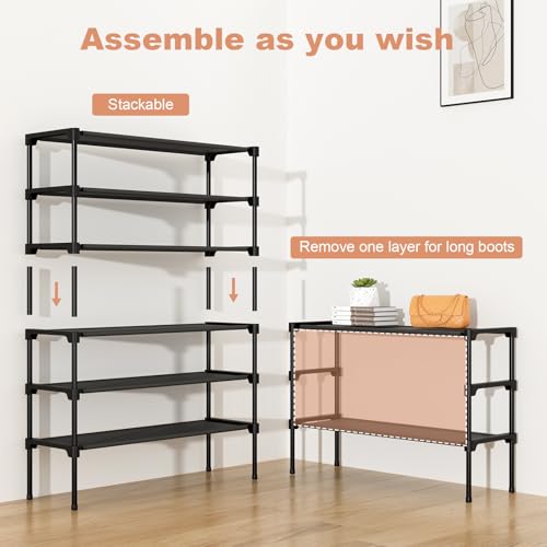 32.3" Widening Design Shoe Rack for Closet 16 Pairs Small Spaces Non-Woven 3 Tier Shoe Organizer Stackable Metal Shoe Shelf for Entryway, Bedroom - color: Black