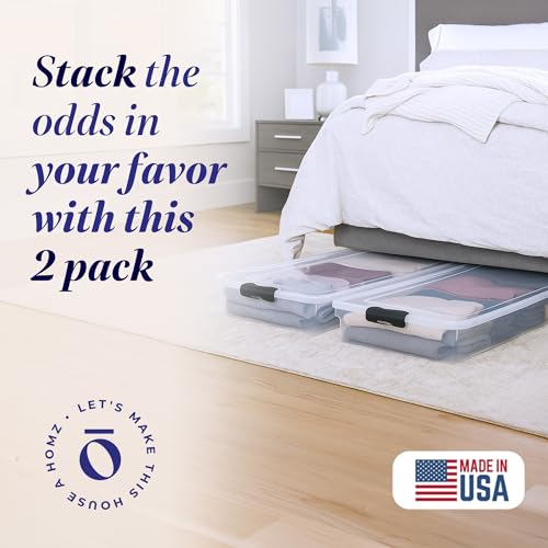 HOMZ 2-Pack Under Bed Storage, Clear Plastic Containers with Lids, 60 Quart, Gray Latch - Stackable Underbed Organizer Bins for Shoes, Bags, Clothes, and Towels - color: Gray, size: 60 Quart