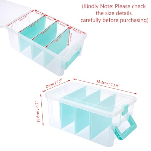 BTSKY Clear Plastic Dividing Storage Box with 4 Deep Compartments Adjustable Storage Bin with Lid Portable Craft Storage Container Multipurpose Sewing Box Art Supply Organizer, 13.9x7.9x6.2 Inches - size: 13.9x7.9x6.2 Inches-Clear