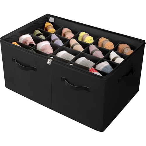 TOPIA HOME Shoe Organizer for Closet, Foldable Shoe Box with Adjustable Dividers and Clear Cover, Space Saving Shoe Storage Organizer Cabinet with Reinforced Handles, Fits 20 Pairs, Black, TP10B - color: Black, size: Extra Large(26.5''L x 16.54''W x 13.5'