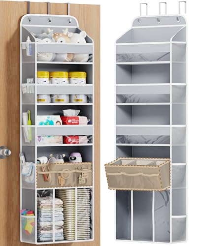 OneDream Over the Door Organizer for Nursery, 5-Tier Baby Clothes Organizer with Removable Storage Caddy, Hanging Behind Door Storage with Clear Pockets and Side Mesh Compartments, Grey - color: Grey