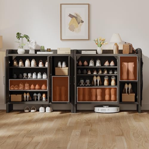 Mericonia Rattan Shoe Storage Cabinet, Farmhouse Shoe Cabinets Storage for Entryway, Boho Wooden Shoe Rack with 3 Doors for Entryway, Hallway (Black, 3 Door) - color: Black, size: 3 Door