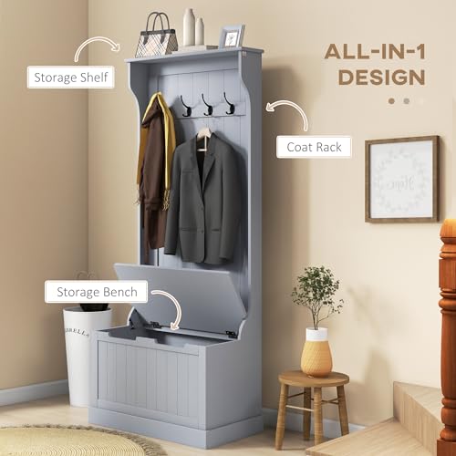 HOMCOM Hall Tree with Bench and Shoe Storage, 3-in-1 Entryway Bench with Coat Rack, 4 Hooks and Flip Top Storage Compartment, Gray - color: Grey, size: 28"