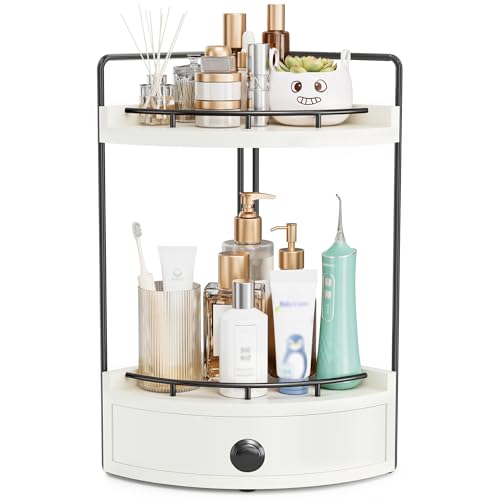 2-Tier Corner Bathroom Counter Organizer with Drawer & Embedded Screw Holes - Wooden Countertop Organizers for Skincare, Makeup Storage, Bathroom Sink Counter Shelf for Vanity, White - color: White