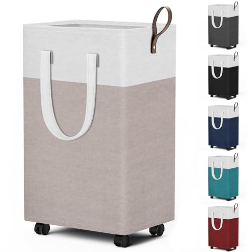 HomeHacks 75L Rolling Laundry Basket with Wheels, Collapsible & Waterproof Laundry Hamper, Mobile Clothes Hamper, Storage Laundry Bins with Handles for Laundry Room, Bedroom, Bathroom & Dor, Khaki - color: Khaki, size: 75L