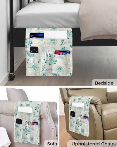 Sofa Armrest Organizer Bedside Caddy, Vintage Turquoise Floral Non Slip Couch Remote Control Holder for Recliner, Rustic Abstract Flower Burlap Arm Chair Caddy with Pocket for Magazine Phone, 13"x35" - color: Turquoise, size: 13x35 in