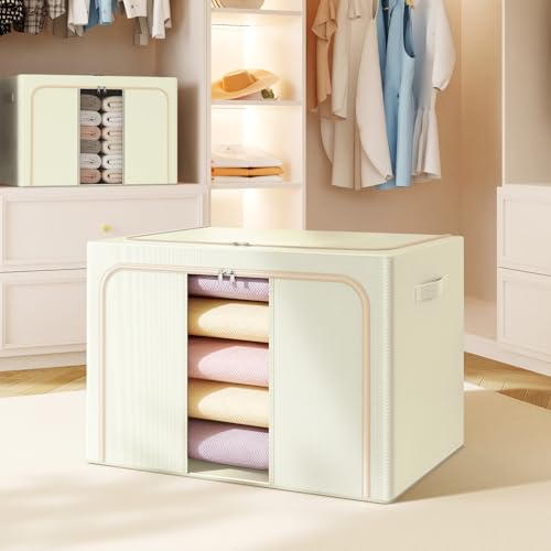 Clothes Storage Bins with Metal Frame, Foldable Clothes Organizers Storage Containers for Clothes, Sheets, Blankets, Pillows and Towels (24L, 3 Pack) Beige - color: Beige, size: 24L（15.7“X11.81"X7.87")