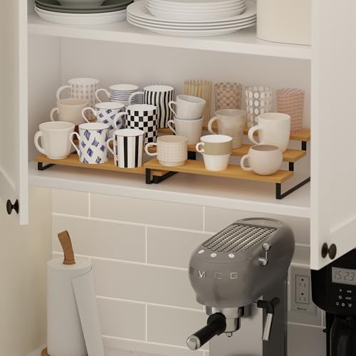 Furinno RAVEL Kitchen Countertop Organizer Set of 2, 3-Tier Counter Shelves, Kitchen Storage, Expandable, Spice Rack, for Pantry, Coffee Bar, Beech - color: Beech/Black, size: 3-Tier, Nestable