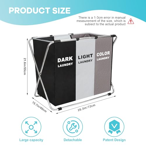 150L Laundry Cloth Hamper Sorter Basket Bin Foldable 3 Sections with stainless steel Frame Washing Storage Dirty Clothes Bag for Bathroom Bedroom Home Storage Basket (Black+Gray+Coffee) - color: Black+Gray+Coffee, size: 3 Sections
