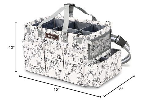 FifthStart Cleaning Caddy Organizer with Handle & Waist/Shoulder Straps - 9 Compartments & Mesh Base - Portable Cleaning Supply Caddy with Waste Bag Dispenser (Beige Floar, Large) - color: Beige Floral, size: Large
