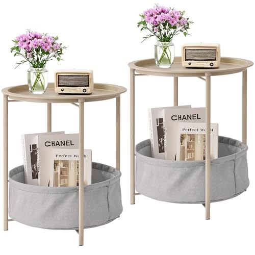 VECELO Round Side/End Table with Fabric Storage Basket，Metal Anti-Rust and Waterproof Small Bedside Nightstand with Removable Tray Top for Living Room，Balcony & Laundry，Grey /2pcs with Basket - color: Grey, size: 2 PCS