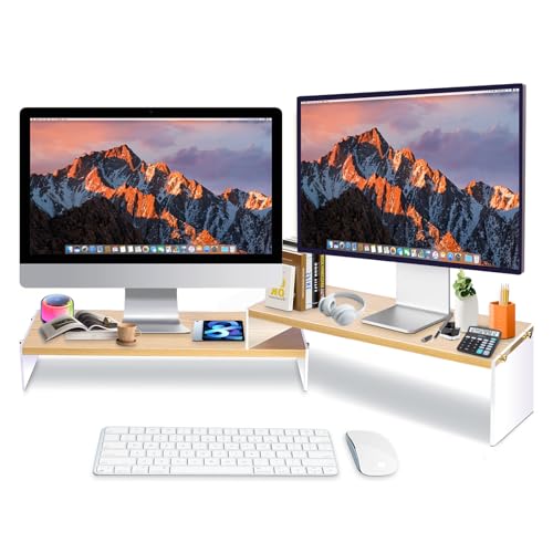 YGYQZ Adjustable Monitor Stand Riser with Acrylic Legs丨7.67" Wide Dual Monitor Stand for Desk丨2-Tier Wood Desktop Organizer for Computer, Laptop, Printer & PC丨Modern Aesthetic Desk Shelf(wood-flat) - color: wood-flat, size: 7.67' W*19.3L