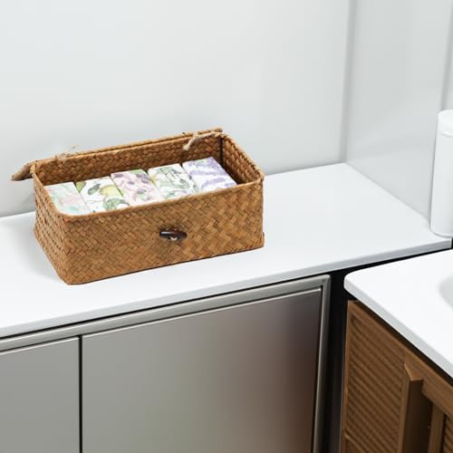 Set of 2 Wicker Basket with Lid, Seagrass Woven Basket for Storage, Decorative Storage Baskets Bins for Organizing Home - size: 10.23" x 6.3" x 4.13"+ 9.05" x 5.11" x 3.34"