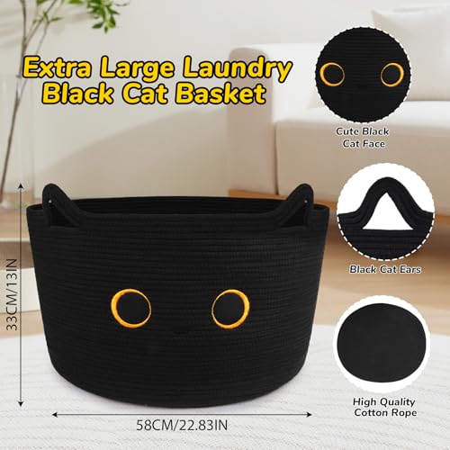 Large Black Cat Basket for Nursery, Cute Cat Woven Laundry Blanket Cotton Rope Extra Storage Basket with Handles, 0rganize Decorative Gifts for Towels Pillow Clothes Hamper Toy Bin,23"D×13"H - color: Black, size: 23 × 13 inches