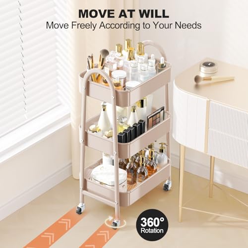 EAGMAK 3 Tier Rolling Cart, Large Metal Storage Cart with Handle and Lockable Wheels, Big Multifunctional Storage Organizer Trolley with Mesh Baskets for Kitchen, Living Room, Office, Garage (Beige) - color: Beige, size: Large