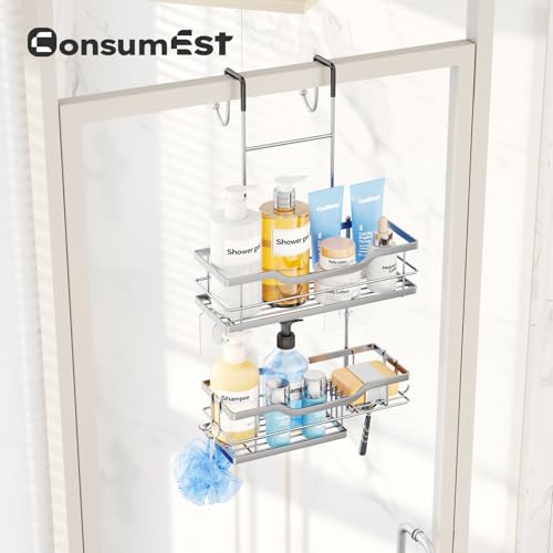 Consumest Over Door Shower Caddy - 2 Tier Shower Shelves Hanging with Soap Holders, Large Capacity Shower Organizer with 4 Hooks, Bathroom Rack and Storage, Silver - color: Silver, size: 2 Tier